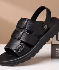 Mens Solid Color Leather Summer Breathable Sandals BK