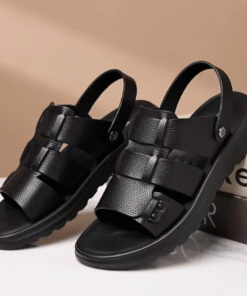 Mens Solid Color Leather Summer Breathable Belt Sandals BK